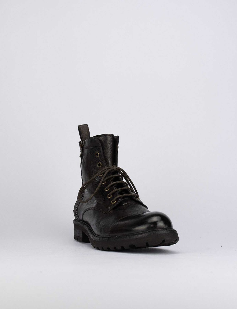 Hombre Barca | Botas Militares Tacon 1 Cm Piel Marron Oscuro