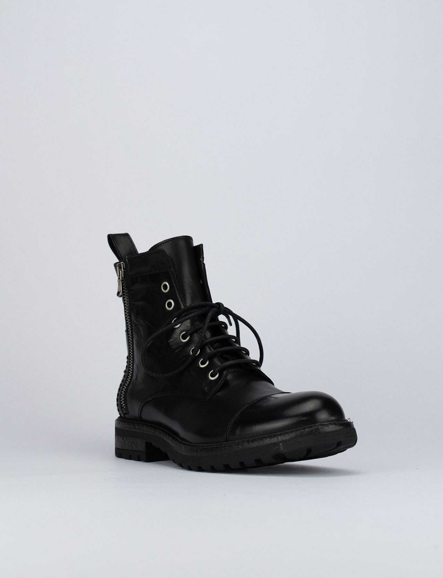 Hombre Barca | Botas Militares Tacon 1 Cm Cuero Negro