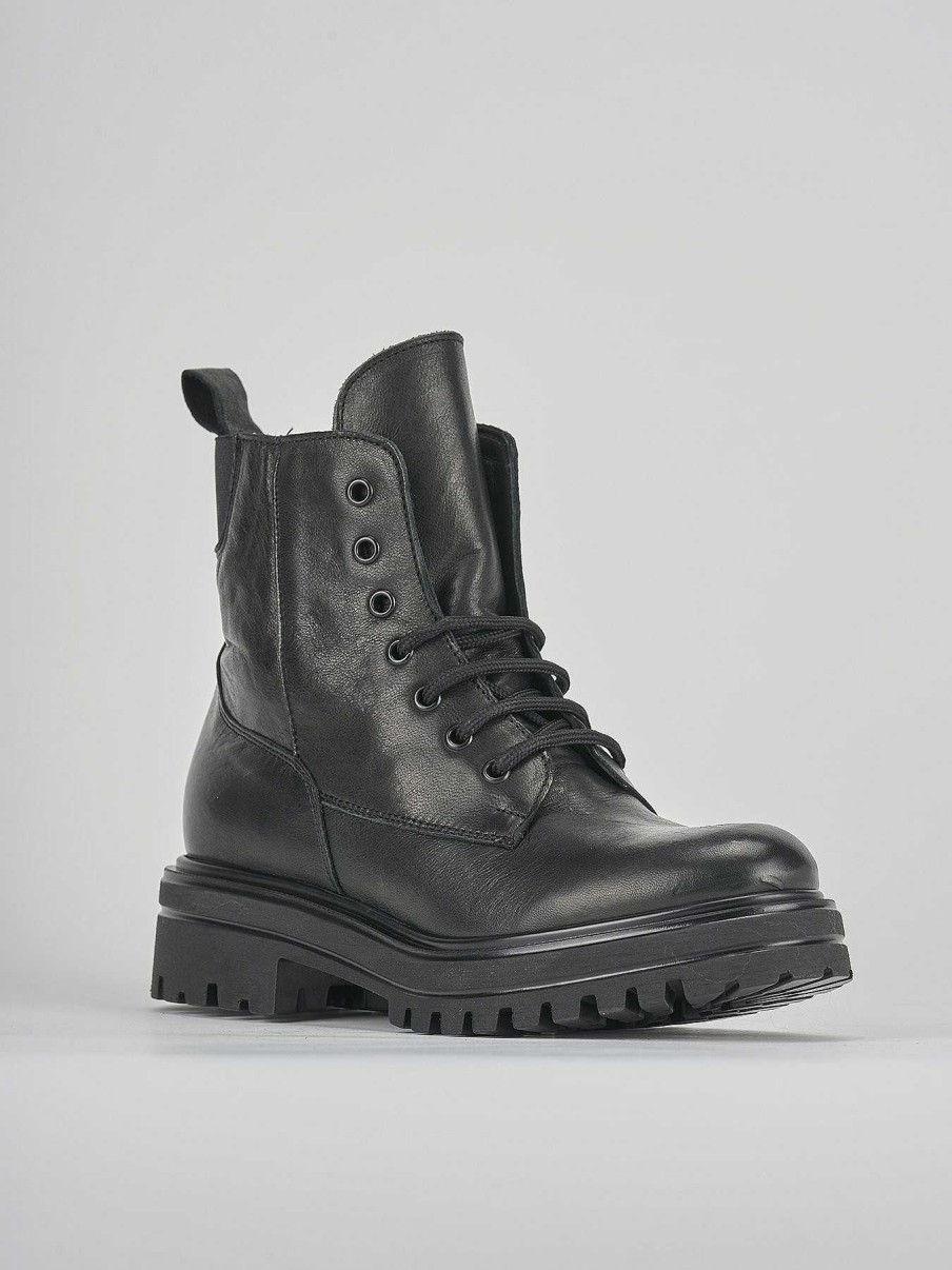 Mujer Barca | Botas Militares Tacon 1 Cm Cuero Negro