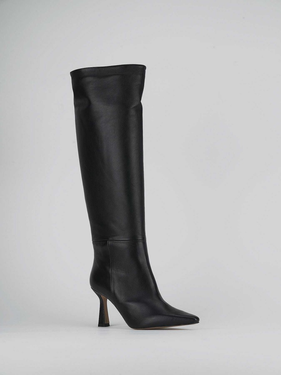 Mujer Barca | Botas De Tacon Alto Tacon 10 Cm Cuero Negro