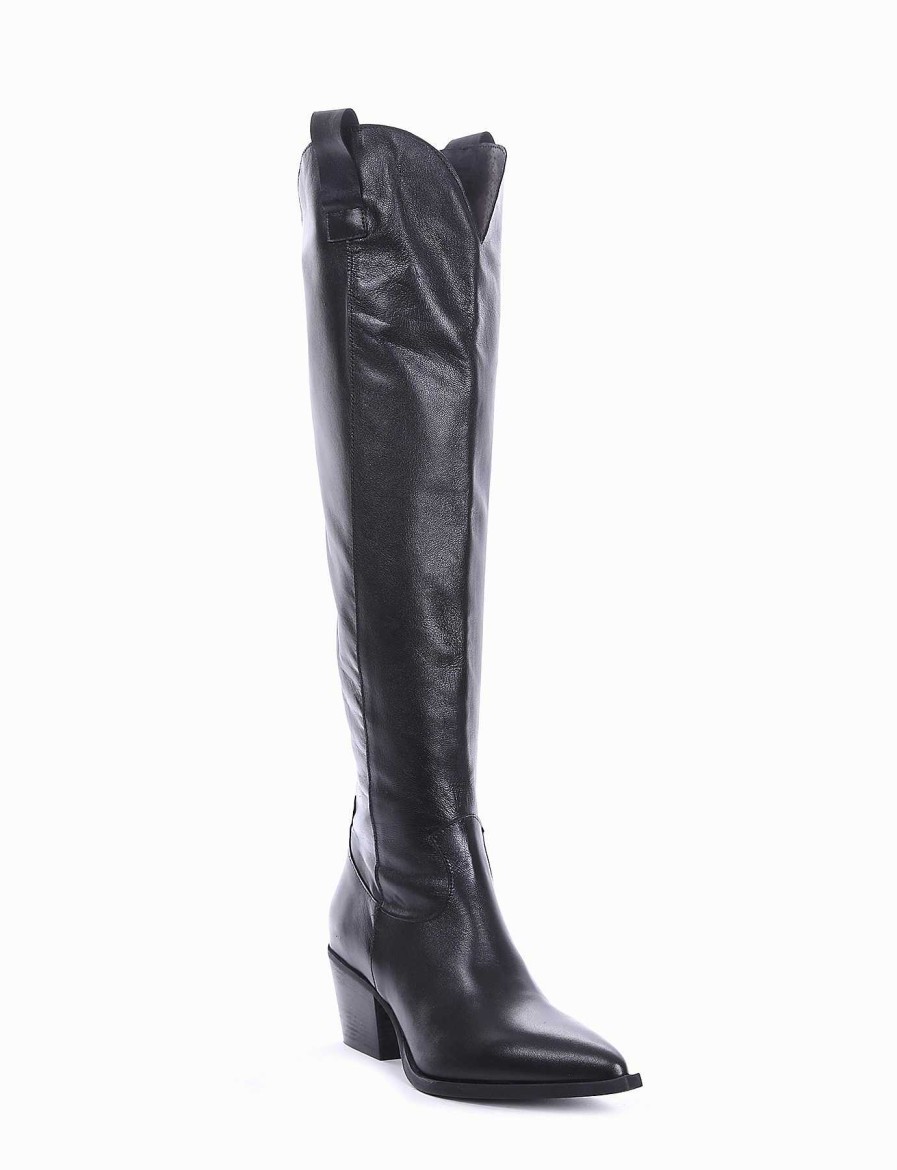 Mujer Barca | Botas De Tacon Alto Tacon 5 Cm Cuero Negro