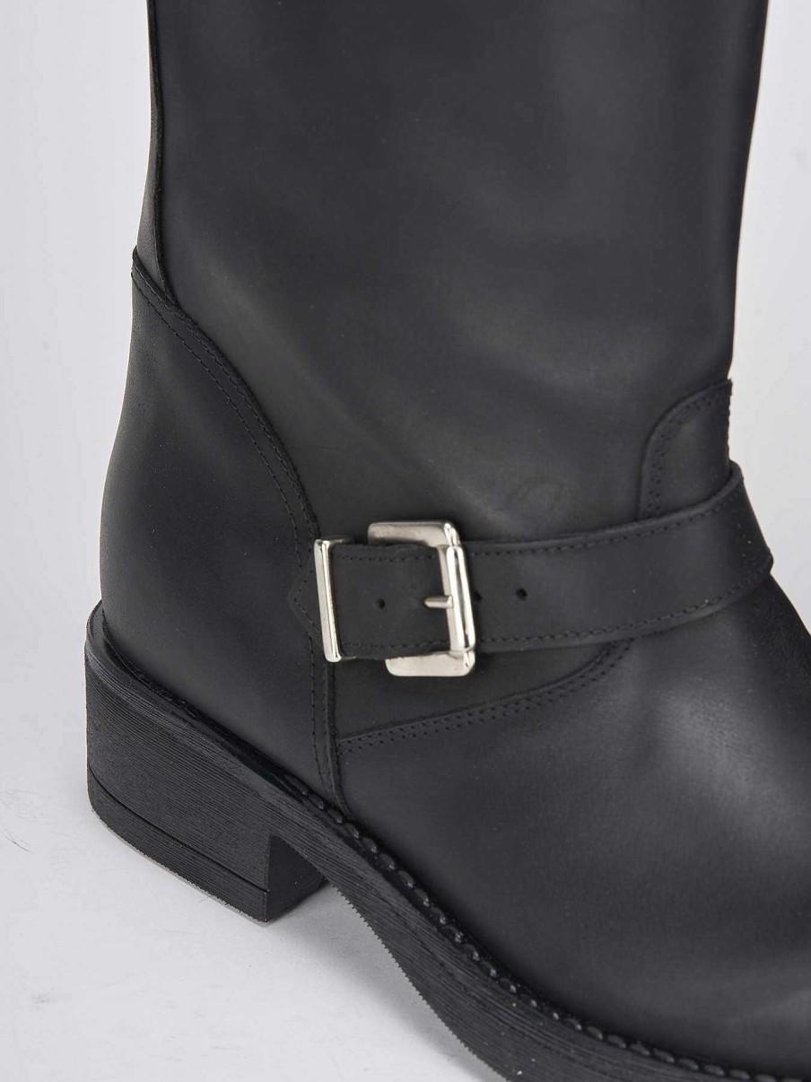 Mujer Barca | Botas Tacon Bajo Tacon 1 Cm Piel Negra