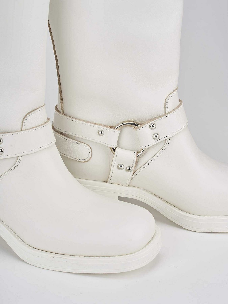 Mujer Barca | Botas Tacon Bajo Tacon 4 Cm Piel Blanca