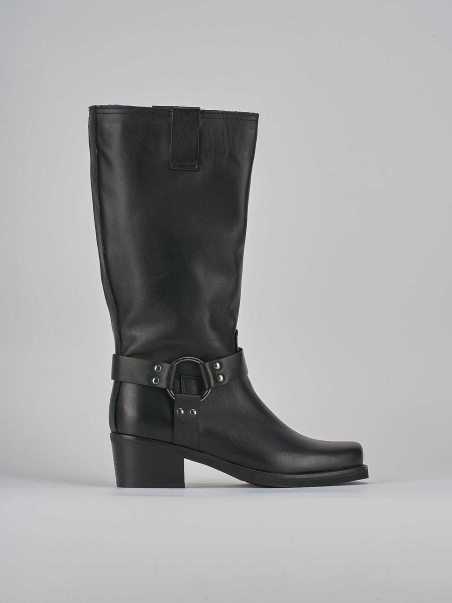 Mujer Barca | Botas Tacon Bajo Tacon 4 Cm Piel Negra