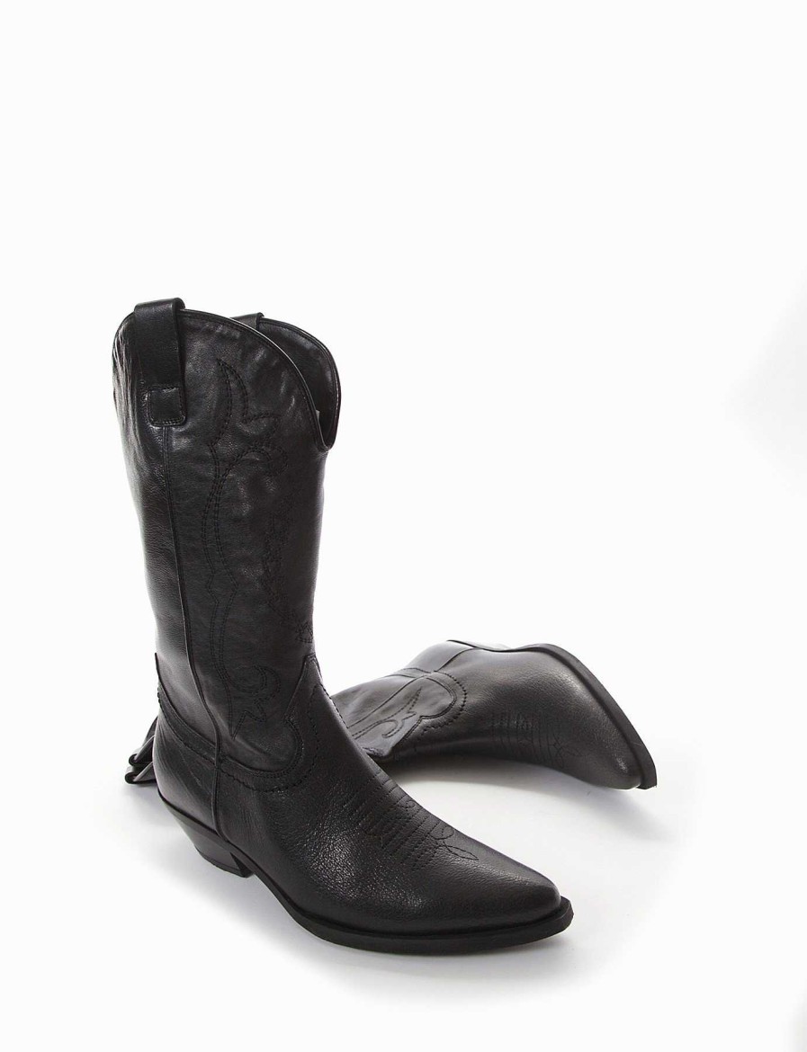 Mujer Barca | Botas De Tacon Alto Tacon 5 Cm Cuero Negro