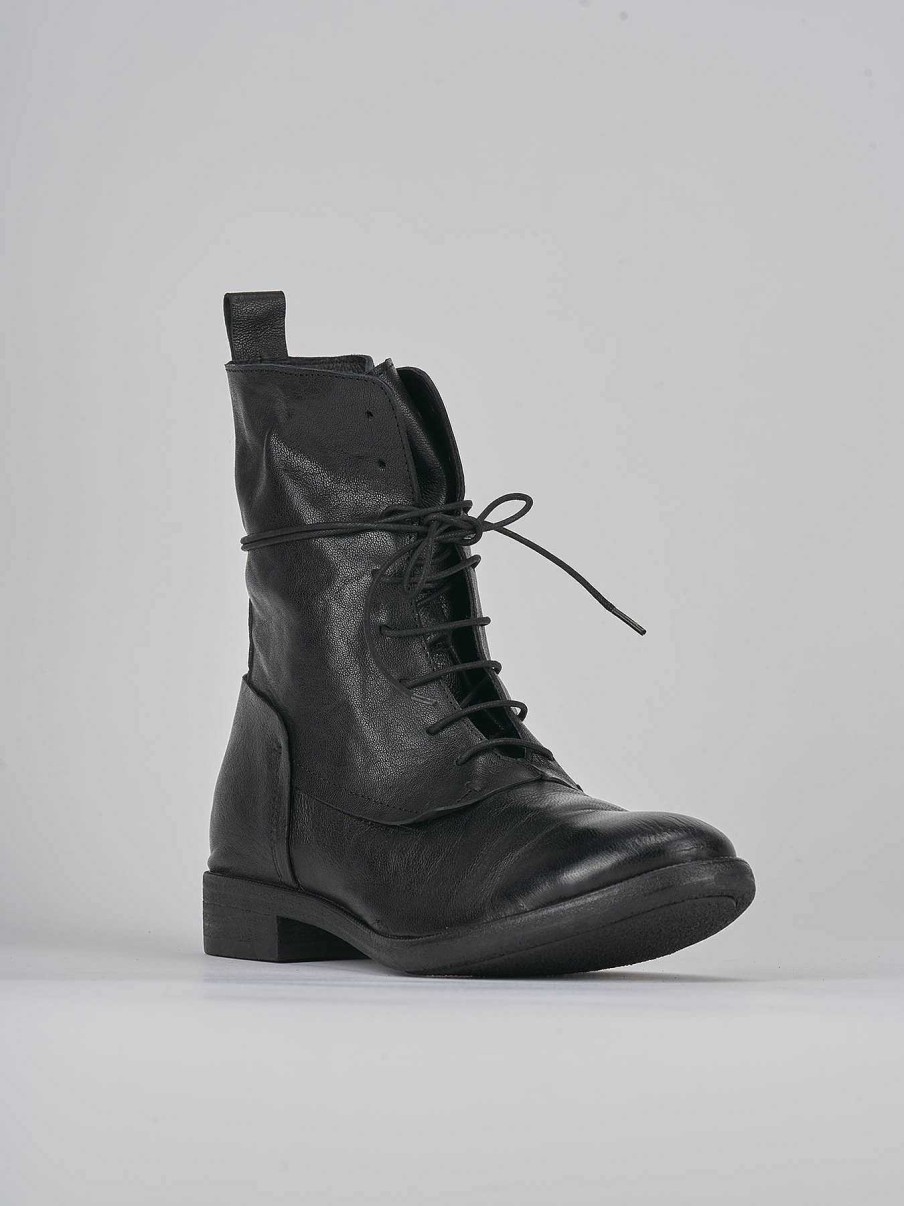 Mujer Barca | Botas Militares Tacon 1 Cm Cuero Negro