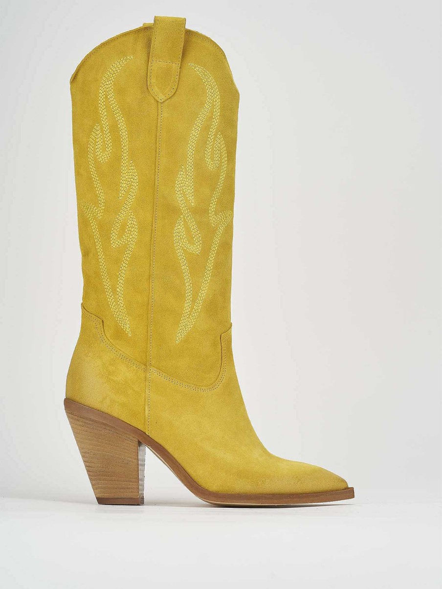 Mujer Barca | Botas De Tacon Tacon 7 Cm Ante Amarillo