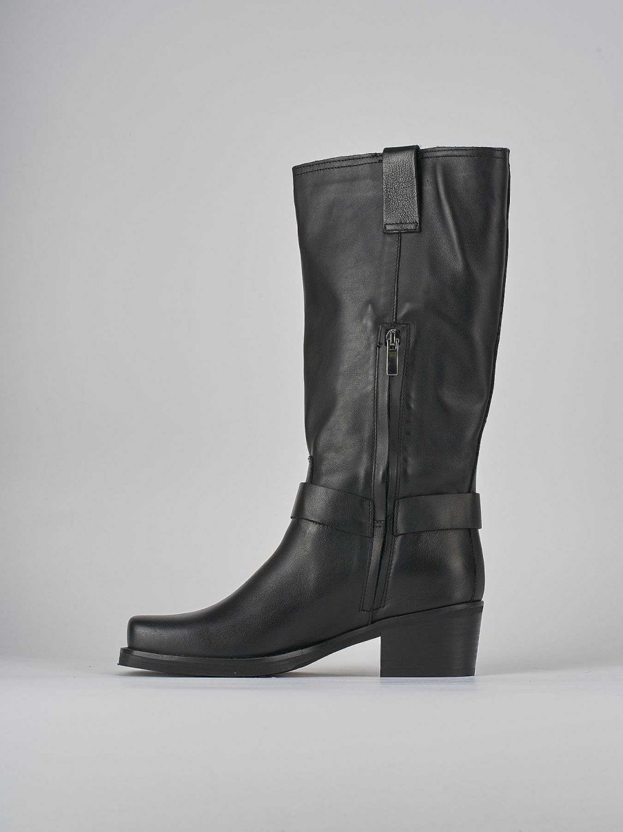 Mujer Barca | Botas Tacon Bajo Tacon 4 Cm Piel Negra