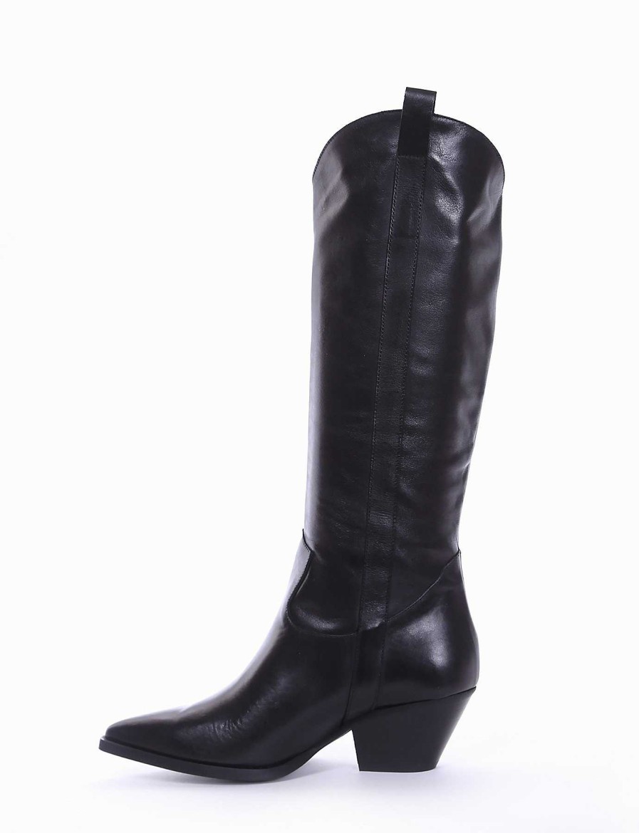 Mujer Barca | Botas De Tacon Alto Tacon 5 Cm Cuero Negro