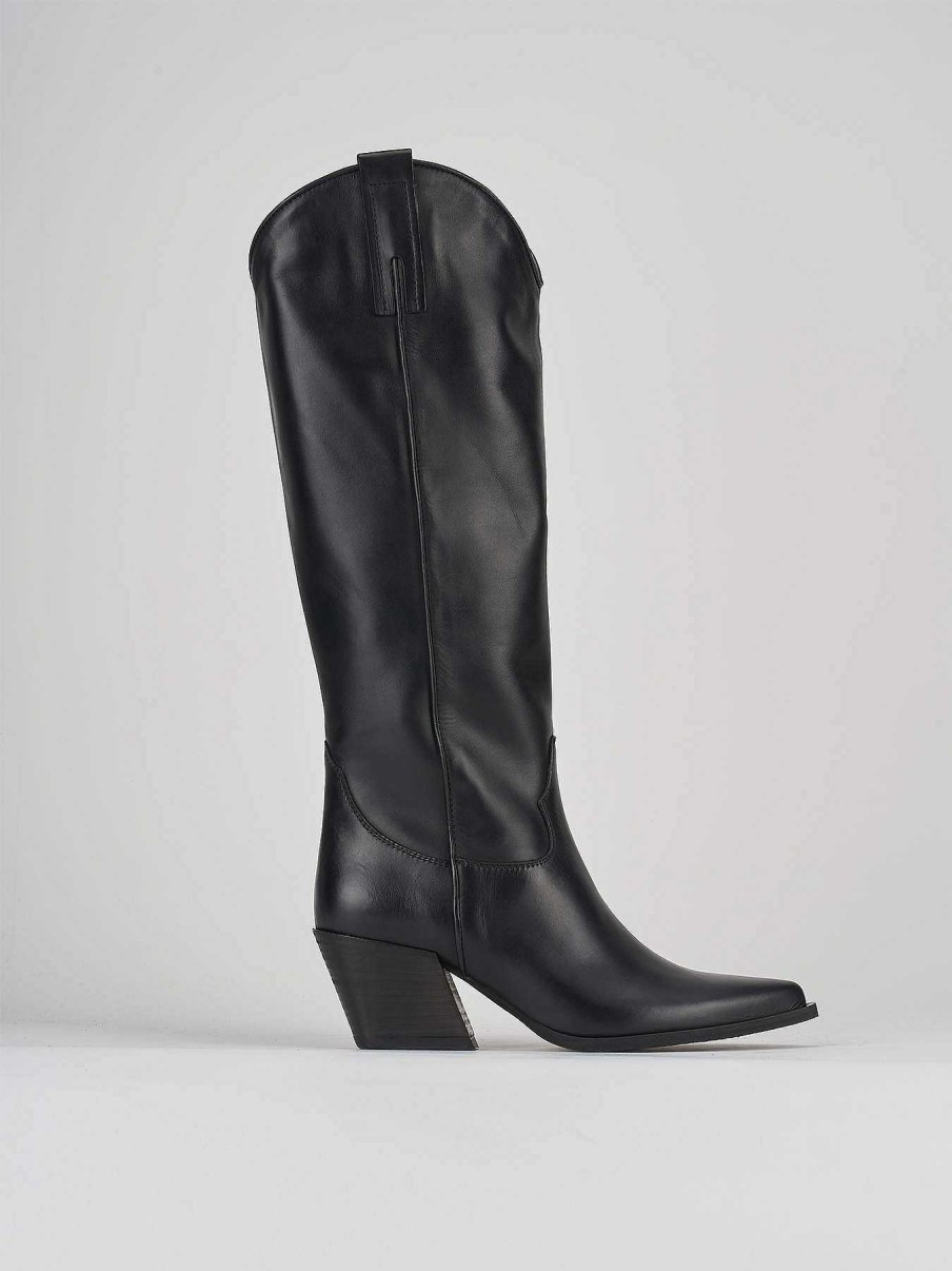 Mujer Barca | Botas De Tacon Tacon 7 Cm Cuero Negro