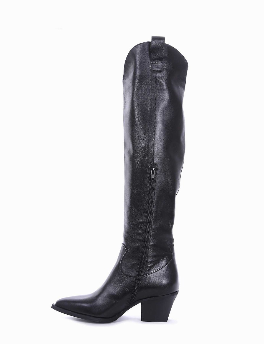 Mujer Barca | Botas De Tacon Alto Tacon 5 Cm Cuero Negro