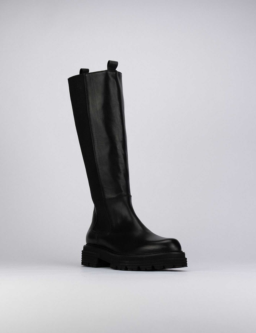 Mujer Barca | Botas Tacon Bajo Tacon 1 Cm Piel Negra