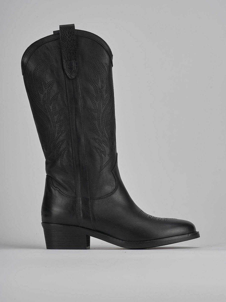 Mujer Barca | Botas Tacon Bajo Tacon 4 Cm Piel Negra