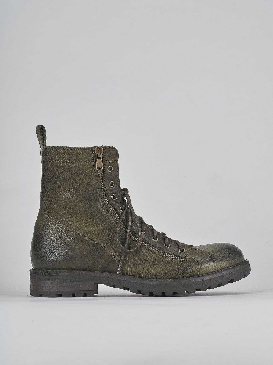 Hombre Barca | Botas Militares Tacon 1 Cm Piel Verde