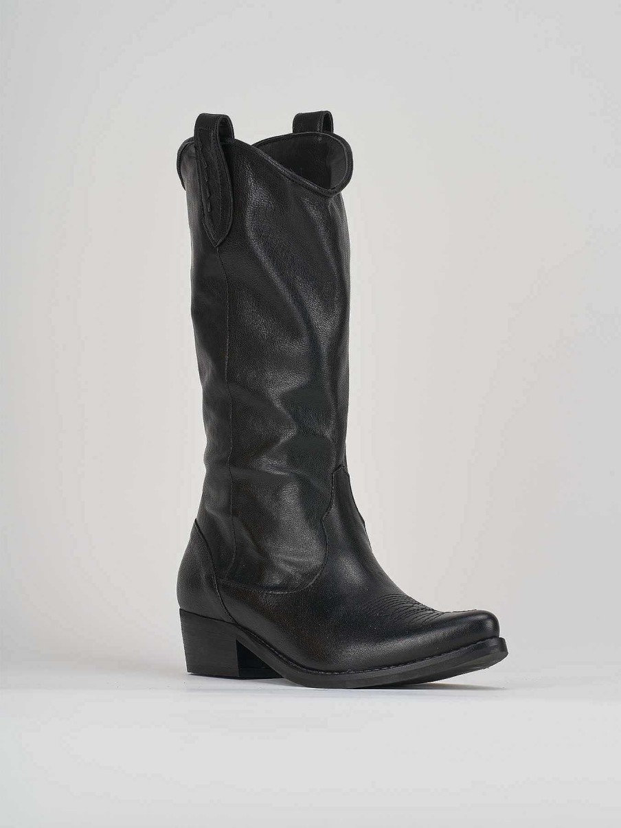 Mujer Barca | Botas Tacon Bajo Tacon 3 Cm Piel Negra