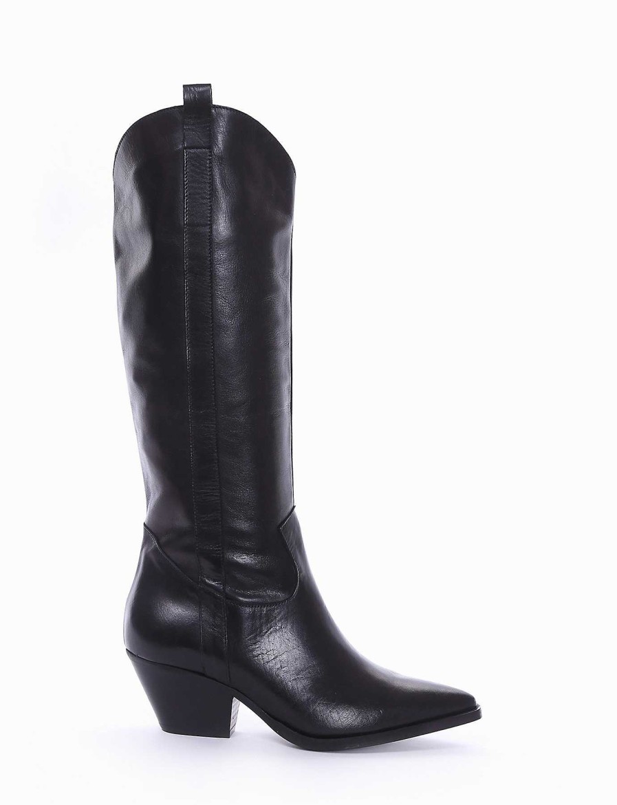 Mujer Barca | Botas De Tacon Alto Tacon 5 Cm Cuero Negro