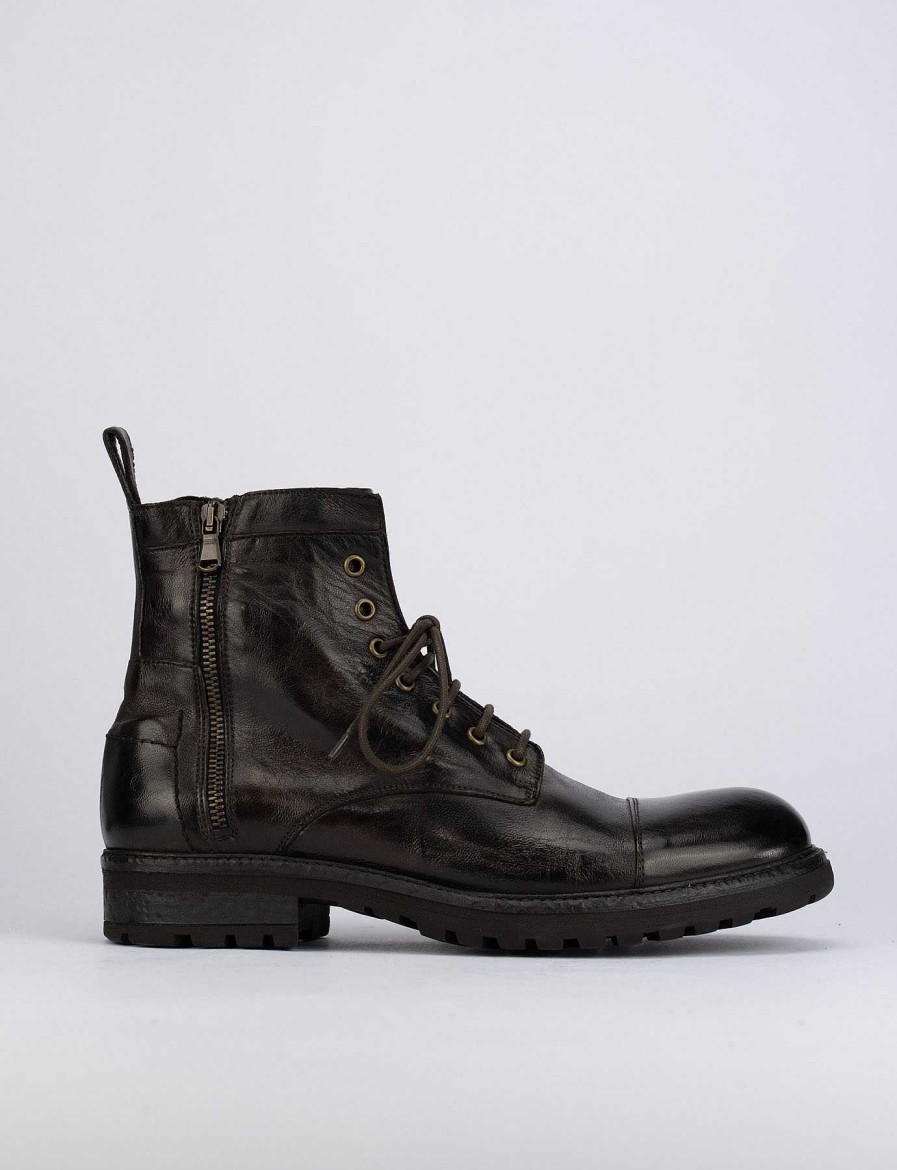 Hombre Barca | Botas Militares Tacon 1 Cm Piel Marron Oscuro