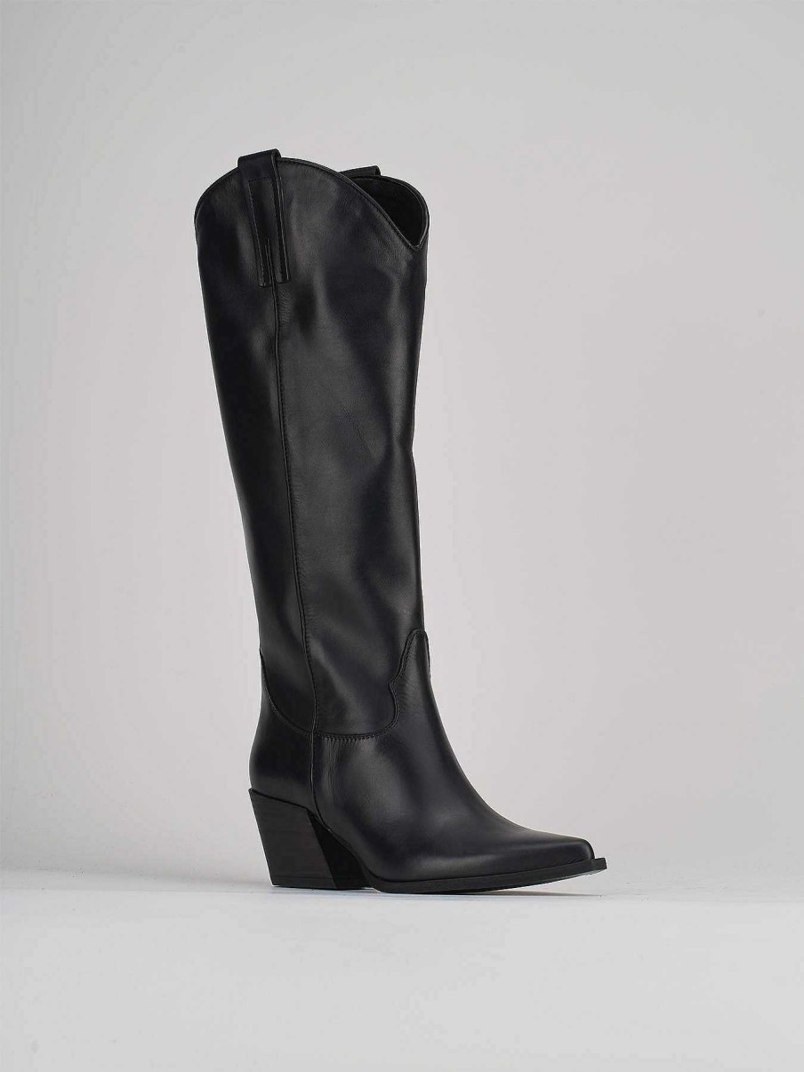 Mujer Barca | Botas De Tacon Tacon 7 Cm Cuero Negro