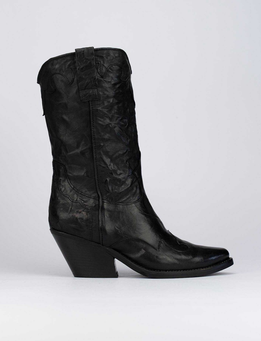 Mujer Barca | Botas De Tacon Alto Tacon 5 Cm Cuero Negro