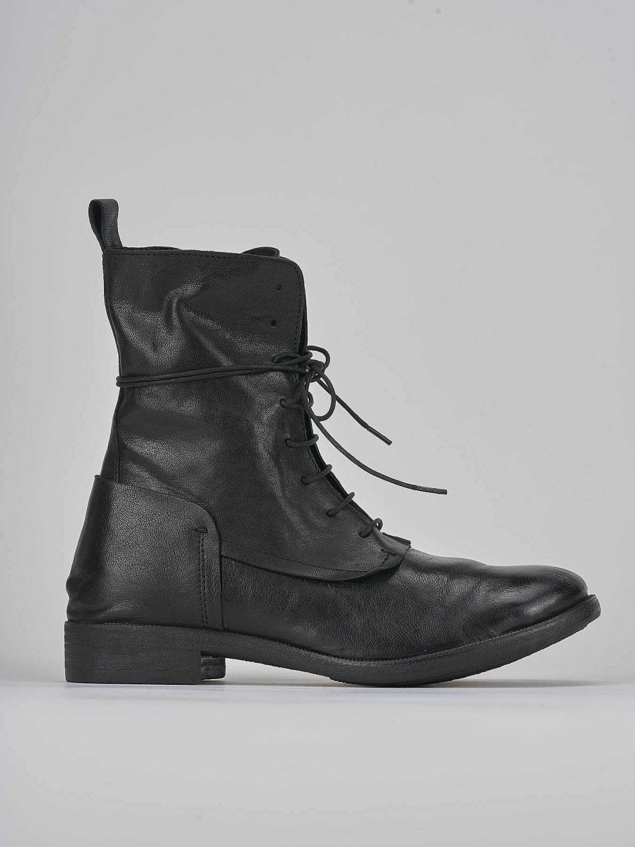 Mujer Barca | Botas Militares Tacon 1 Cm Cuero Negro