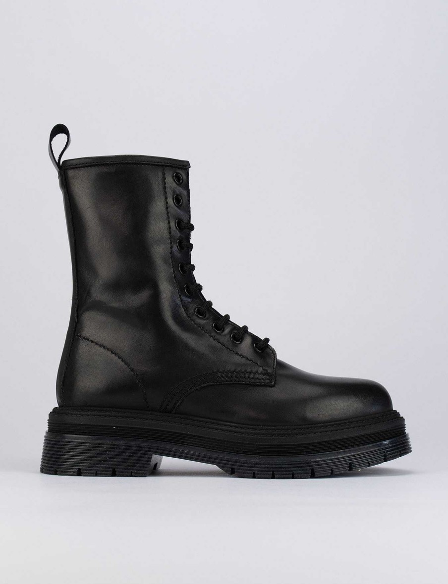 Mujer Barca | Botas Militares Tacon 1 Cm Cuero Negro